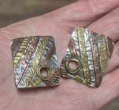 Vintage Artisan Earrings Modernist Mixed Metal Riveted Dangle Clip On So Unique