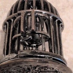 Estate Jewelry Silver Bird Cage Pendant Opening Door Spinning Bird 1.75″ x 1″