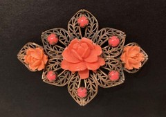 Vintage Rose Brooch Filigree Flower Floral Cut Out Prongs Leaf Peach Coral Pin