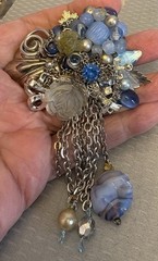80s Vintage Signed Joe Gladish Brooch Glass Flower Beaded Rhinestone Chains 4.5″