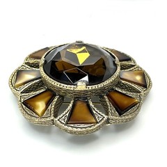 HUGE 2.5” Vtg Miracle Scottish Celtic Cloak Pin Brooch Glass Cairngorm /Agate