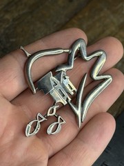 Huge Vintage Modernist Sterling Silver Studio Brooch Abstract House & Fish 2.5″