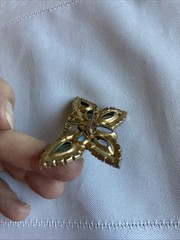 Vintage Rhinestone Butterfly Brooch Aqua Teal Gold Tone Mid Century Style