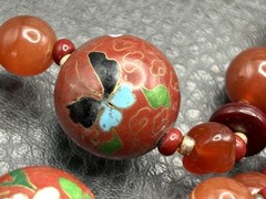 VTG Bird Butterfly Asian Cloisonne Carnelian Bead Hand Knotted Necklace 28”