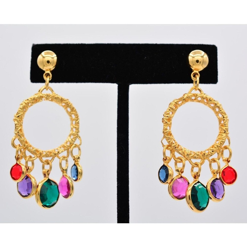 Vintage Crystal Dangle Earrings Lucite Open Bezel Multi-Color Gold NOS BinA16