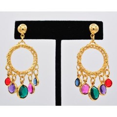 Vintage Crystal Dangle Earrings Lucite Open Bezel Multi-Color Gold NOS BinA16