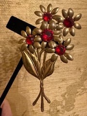 Vintage flower brooch gold tone C Clasp stamped brass red stones prong set