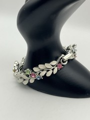 Lisner pastel blue pink green rhinestone white enamel flower leaves bracelet