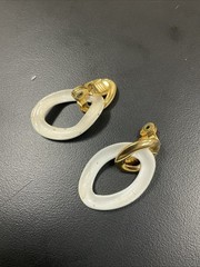 Vintage MONET Clip On Set Gold Tone & White Enamel/ Gold Texture Dangle Hoops