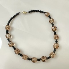 Vintage Art Glass Beaded Necklace Light Pink & Black Artisan Choker Length 14″