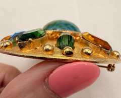 Vintage Accessocraft Brooch Pendant Green Gold Rhinestone Gold Tone Sunburst