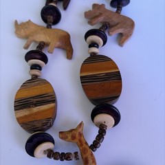 Vintage African Large Hand Carved Wooden Safari Animal Beads 30” Necklace