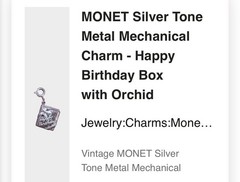 MONET Happy Birthday charm flower in box silvertone metal spring ring vintage