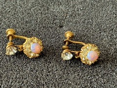Vargas Faux Fire Opal Earrings Gold Plated Rhinestone Screwback Vintage 50s