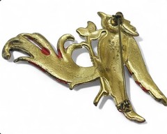 Vintage 1940’s Large 3” Gold Wash Pot Metal Enamel Figural Exotic Bird Brooch