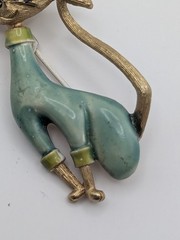 Vintage Atomic Cat Brooch Teal Enamel Gold Tone Mid Century Modern Space Age Pin