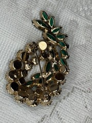 Vintage Brooch Green Marquise and Aurora Borealis Rhinestones AB Prong Set