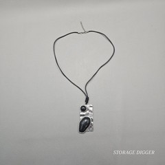 Vintage Silver Tone Metal with Black Onyx Pendant on Cord Necklace 31″ Long