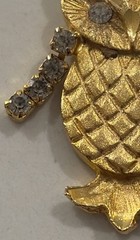 Vintage Textured Gold Tone Metal Articulate Rhinestone Owl Bird Pendant