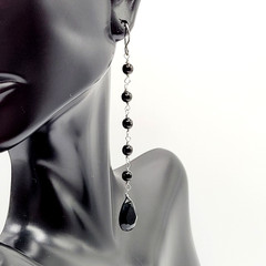 Black Onyx Bead Shoulder Duster Long Linear Silver Tone Pierced Hook Earrings