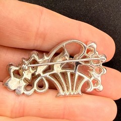 Vintage Pot Metal Flower Basket Rhinestone Brooch Silver Tone READ