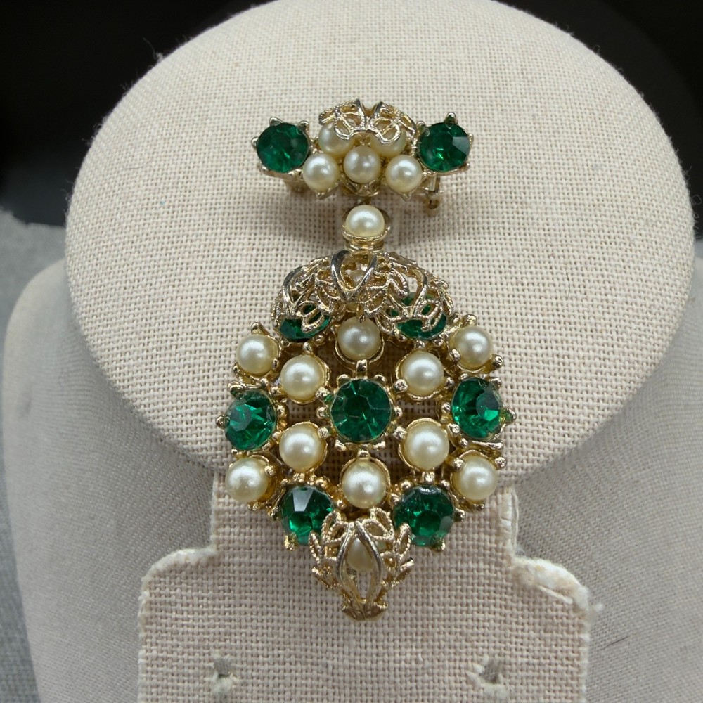 Vintage Brooch Pendant Imitation Pearl Green Rhinestones 2.5 Inches