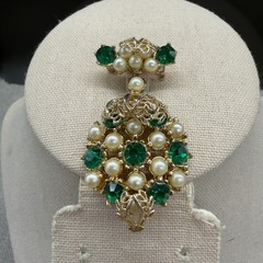 Vintage Brooch Pendant Imitation Pearl Green Rhinestones 2.5 Inches