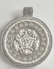 VTG Best White Beaded Sparking Rhinestone Silvertone Round Pendant No Chain 2”