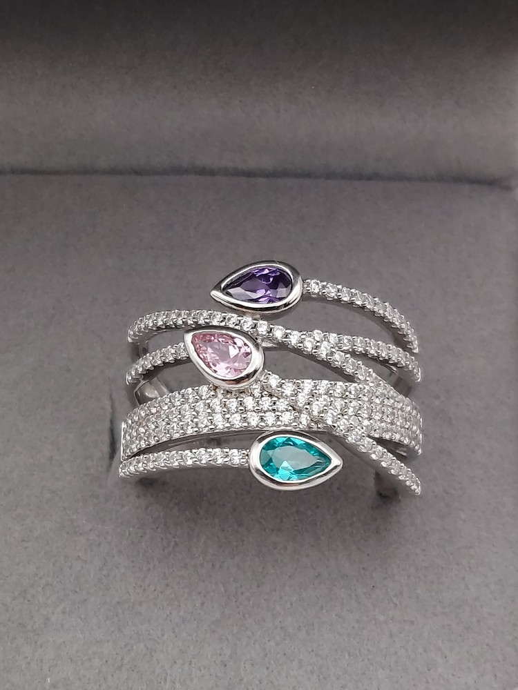Vintage PJM 6Band Sterling Crystal Muti Color Pear Cut Gemstones Ring 5.9Gr Sz8
