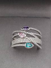 Vintage PJM 6Band Sterling Crystal Muti Color Pear Cut Gemstones Ring 5.9Gr Sz8