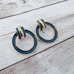 Vintage Earrings for Pierced Ears Blue & Gold Tone Circle Dangle