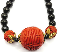 Asian Chinese Inspired Red Carved Cinnabar Black Onyx Bead Beaded Necklace 33 In
