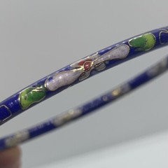 VTG CHINESE EXPORT CLOISONNE COBALT BLUE ENAMEL BANGLE BRACELET PINK FLOWERS