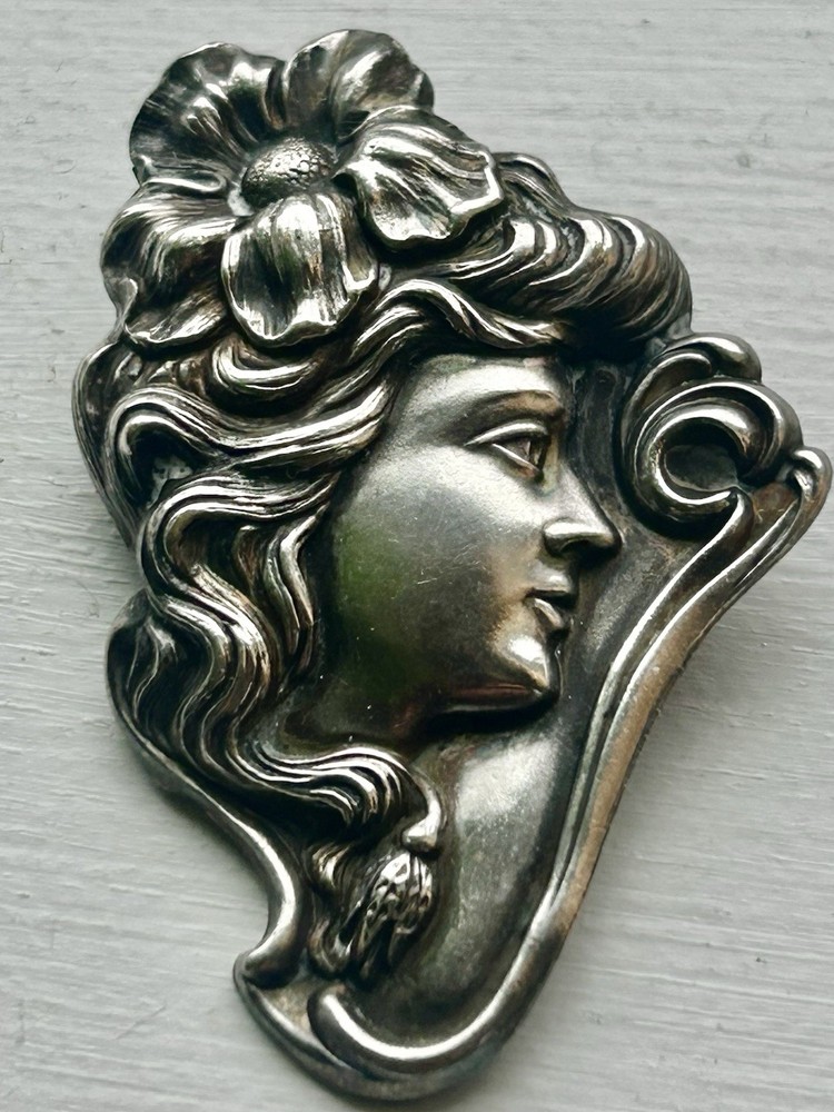 Art Nouveau Style Silver Metal Flower Woman Brooch Pin, Floral Beauty Theme
