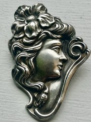 Art Nouveau Style Silver Metal Flower Woman Brooch Pin, Floral Beauty Theme