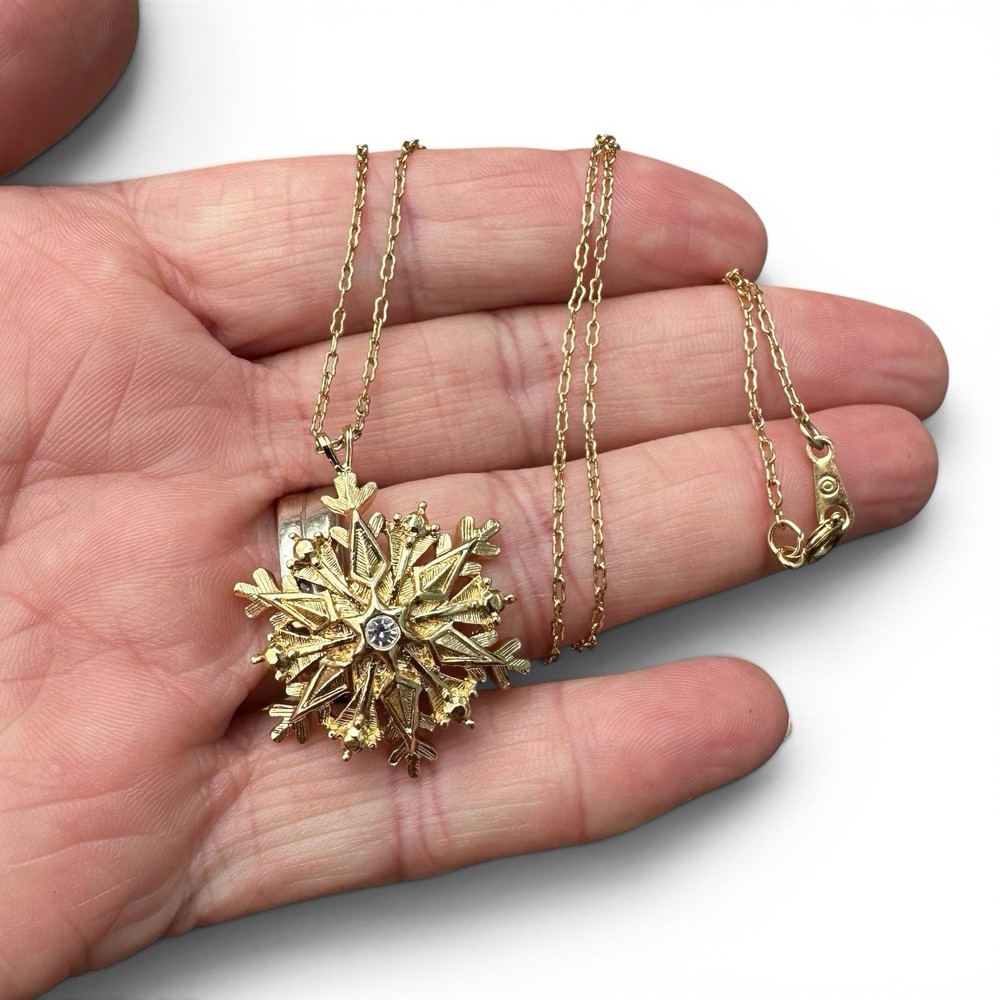 Vintage Avon Gold Plated And Rhinestone Snowflake Pendant Necklace 20” 3D