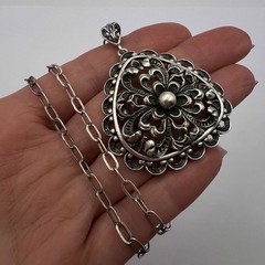 Vintage German 835 Silver Filigree Pendant with Chain Antique Jewelry 21.2g