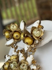 Vintage Floral Brooch Earrings Set White Navette Beads Lucite Gold Tone Clip