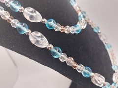 Vintage Monet Glass Pastel Beaded Clear Blue Pink Silver Tone Necklace Hang Tag