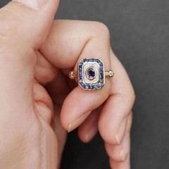 Vintage Art Deco Oval Sapphire & Lab Created Diamond Engagement 14K Gold FN Ring