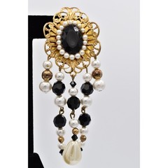 Jacklynn Vintage Beaded Fringe Clip On Earrings Black Crystal Pearl Gold BinBF