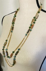 Vintage 80s NAPIER Necklace Abalone Mother Of Pearl & Green Crystals Boho Fairy