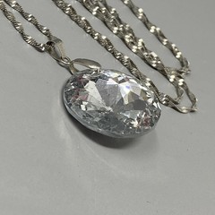 Crystal Pendant Necklace Large Round Faceted Rivoli Silver Tone Twist Chain Long