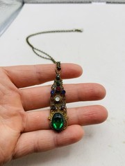Vintage Gothic Green Colorful Rhinestone Filigree Cutout Bronze Tone Necklace