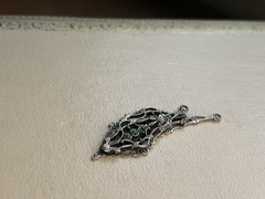 Vintage Silver-Tone Filigree Floral Dangle Earrings w/ Green Stone