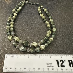 DOUBLE STRAND SHADES OF GREEN BEAD NECKLACE WITH PLASTIC CRYSTAL ACCENTS