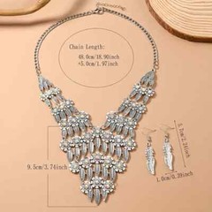 Silver Tone Leaf Crystals Accent Dangle Necklace Earrings Set