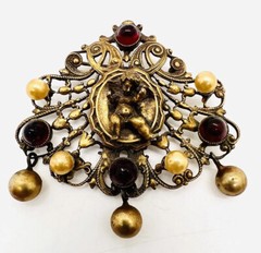 JOSEFF of HOLLYWOOD Cherub Red Bullet Glass Brooch Signed Vintage Jewelry