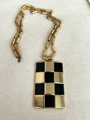 VINTAGE LANVIN PARIS GOLD TONE & BLACK CHECKERED PENDANT NECKLACE