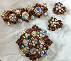 Vintage Juliana DE Topaz AB Crystal Rhinestone 5 link bracelet, brooch, earrings